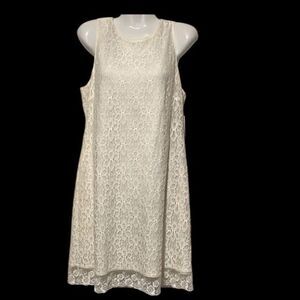 SLNY Ivory Lace Shift Dress Women's 14 Sleeveless Bow Back Lined Floral Hem‎
